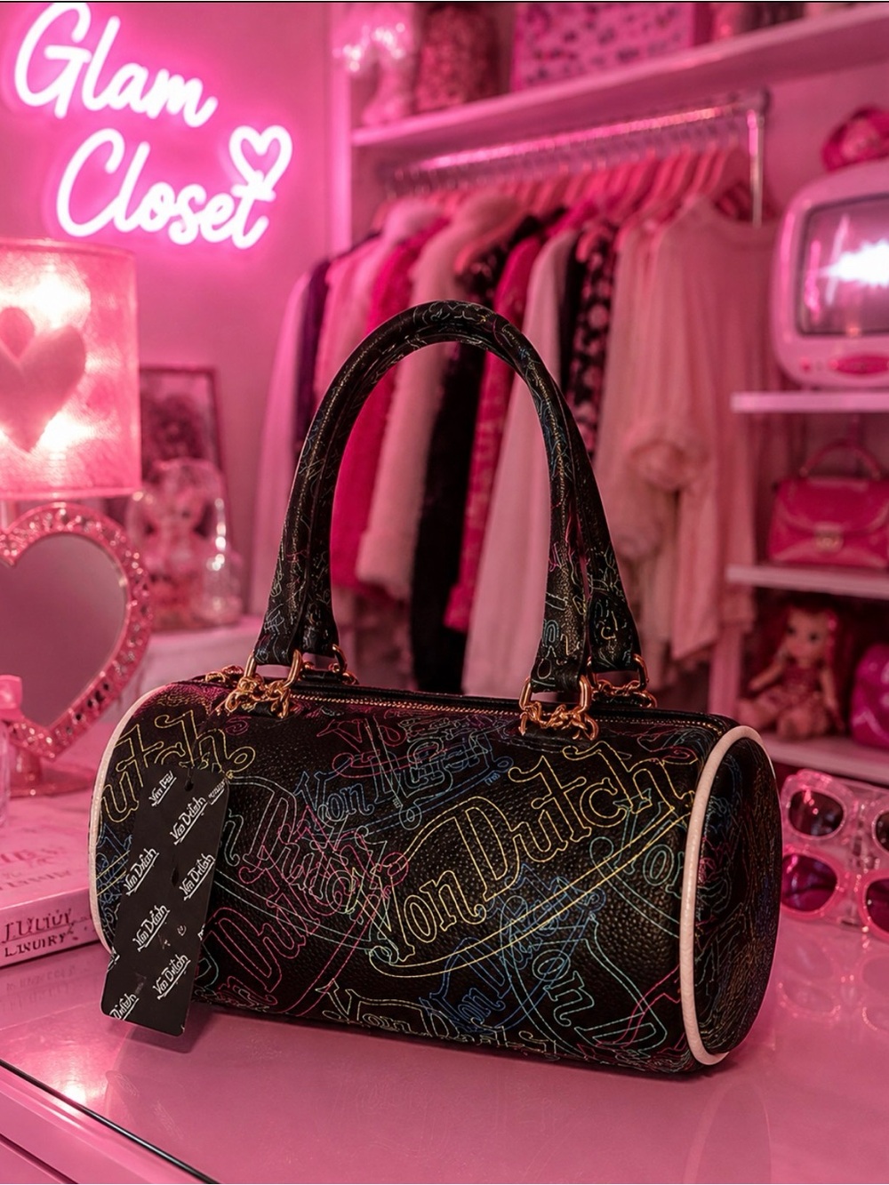 Von Dutch Black Multicolor Logo Barrel Satchel